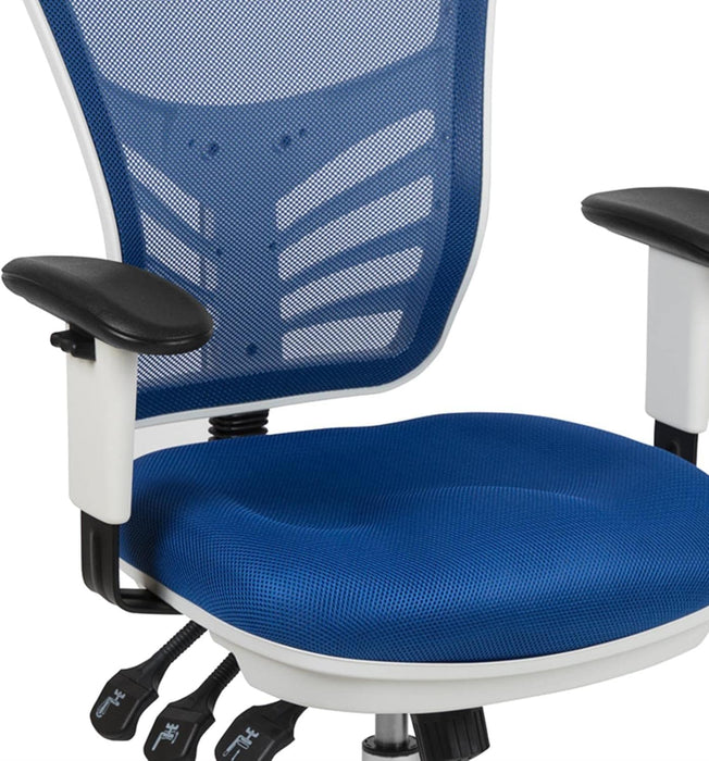 Nicholas Mid-Back Blue Mesh Multifunction Executive Swivel Ergonomic Office Chair with Adjustable Arms and White Frame