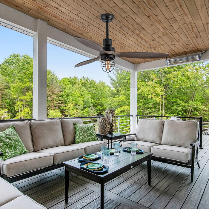 52 Inch Rustic Outdoor Ceiling Fan with Light and Remote, 3 Wood Blades, Include Bulbs Modern Black Farmhouse Industrial Ceiling Fan for Outdoor Ceiling Fans for Patios,Porch,Bedroom