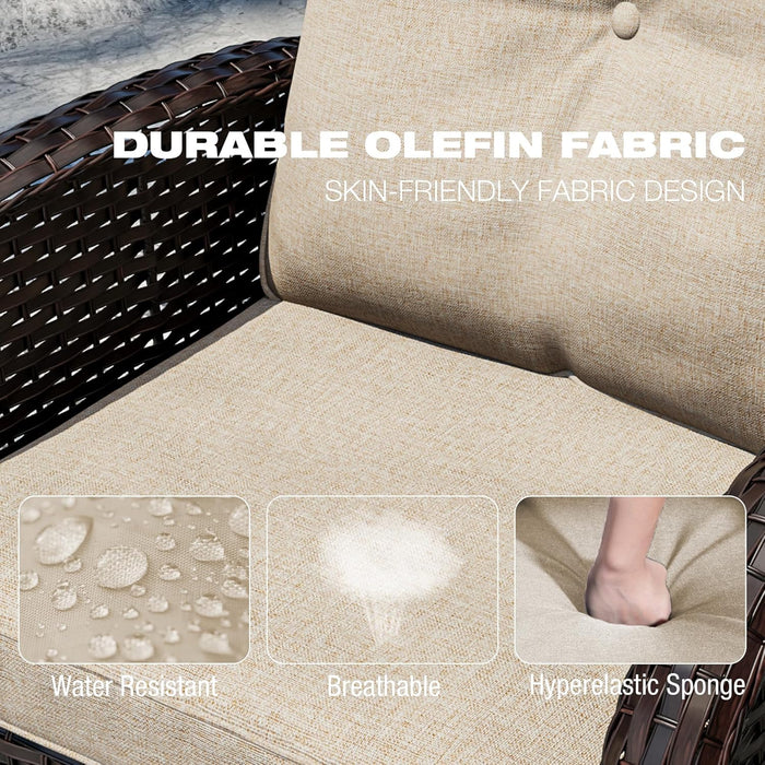 Outdoor Swivel Rocker Chairs, 3 Piece Wicker Patio Set with Thick Cushion and Side Table, Rattan Patio Swivel Rocking Chairs for Porch, Deck Use (Brown/Beige, 3 PCS)