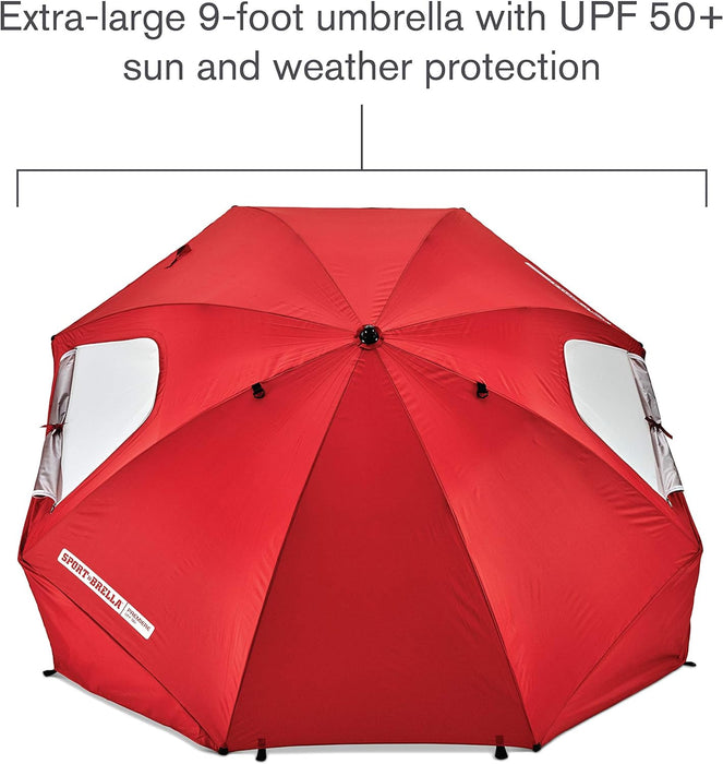 Premiere XL 9-Foot Umbrella - Heavy-Duty 1.25" Center Pole & Twist Handle Auger - UPF 50+ Sun Protection - Privacy Side Panels, Zippered Windows & 2 Interior Pockets - Carry Bag Included