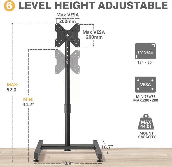 TV Floor Stand for 13-50 Inch LCD LED Flat/Curved Panel Screen Tvs up to 44 Lbs, Height Adjustable TV Stand Mount with VESA 200X200, Portable TV Stand for Bedroom, Dorm Room, Office
