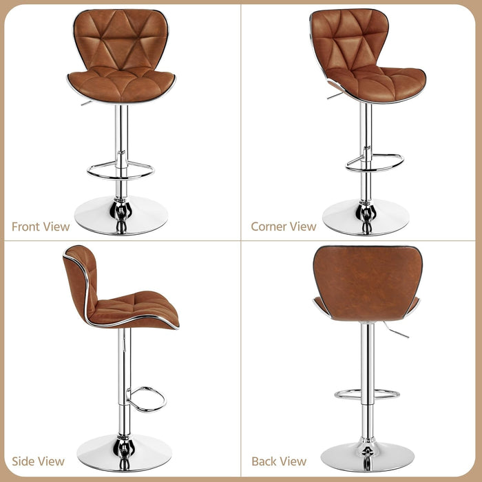 Bar Stools Set of 2, PU Leather Swivel Bar Stools with Shell Back, Armless Counter Height Adjustable Bar Chairs for Home Kitchen, Retro Brown