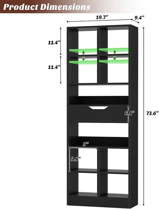 73.6" Tall Narrow Bookshelf with Drawer for Display, 19.7" Wide