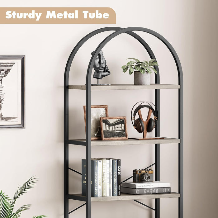 Arched Bookshelf, 5-Tier Industrial Tall Bookcase with X-Back Support and Adjustable Feet, Modern Open Display Storage Shelf with Gray Wood Shelves for Home Office, Study | X-Back Support, Adjustable Feet, MDF Material, Arched Top Design, Modern Home Office Decor, 30Lb Shelf Load
