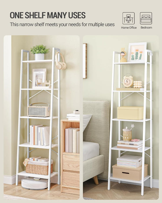 White Freestanding Industrial Ladder Shelf With Hooks