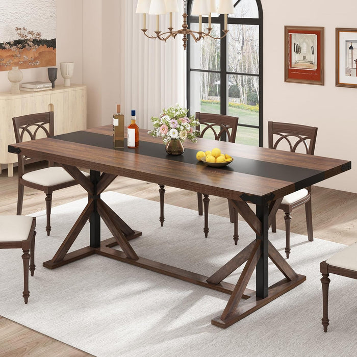 71" Farmhouse Dining Table for 5 6 8 People, Rectangular Kitchen Table W/Thickness Waterproof Wood Grain Tabletop (Brown, 71 X 35.4 X 30 In)