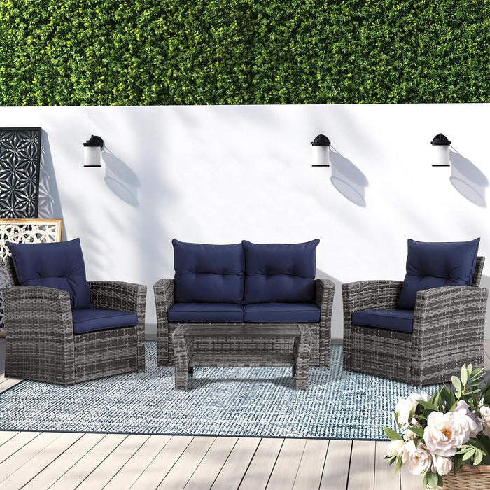 4 Piece Outdoor Patio Furniture Set, Outdoor Sectional Furniture, Wicker Sectional Conversation Sofa Set with Glass Table and Cushions (4 Piece Navy)