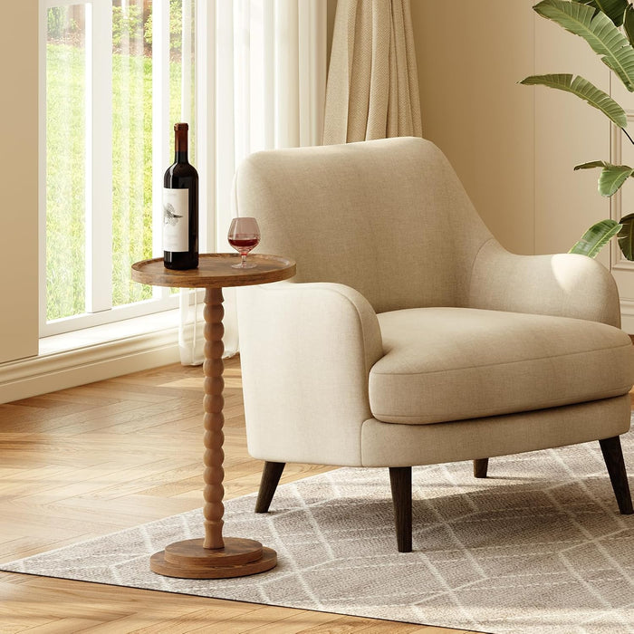 Set of 2 Small round Side Tables, Drink Tables with Solid Wood Legs, Martini Tables with Pedestal Accent, for Small Space, Living Room, Bedroom, Sofa Couch, Rustic Brown FG187BZP201