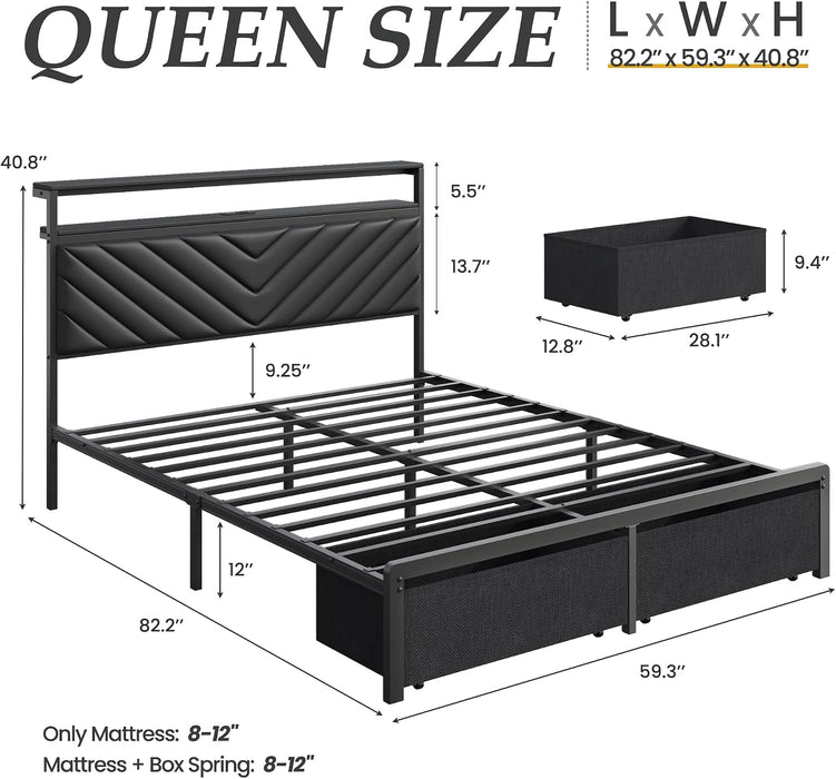 Queen Bed Frame with 2 Drawers, Upholstered Headboard with Storage and Charging Station, LED Lights, Fabric Drawers with Wheels, under Bed Storage, No Box Spring Needed, Easy Assembly, Grey