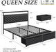 Queen Bed Frame with 2 Drawers, Upholstered Headboard with Storage and Charging Station, LED Lights, Fabric Drawers with Wheels, under Bed Storage, No Box Spring Needed, Easy Assembly, Grey
