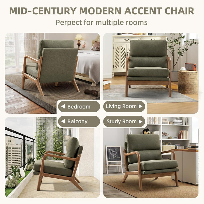 Mid Century Modern Accent Chair, Linen Fabric Upholstered Lounge Arm Chair with Solid Wood Frame and Soft Cushion for Living Room, Bedroom, Balcony (1, Green)