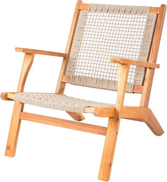 62773 Vega Natural Stain Outdoor Chair Acacia Wood Construction Hand Woven Seat Mid Century Design Comfortable Reclining Armchair Patio Lawn Garden Backyard Deck - Ecru Cording