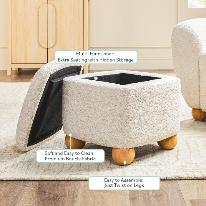 Linley Contemporary Small Storage Bouclé Ottoman with Wood Legs, Ivory