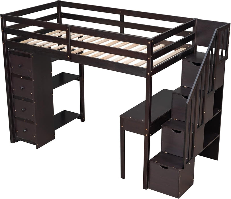 Loft Bed Twin with Desk and Storage Stairs, Space-Saving Wood Bed Frame with Drawers and Shelves, for Teens Adults (Espresso)