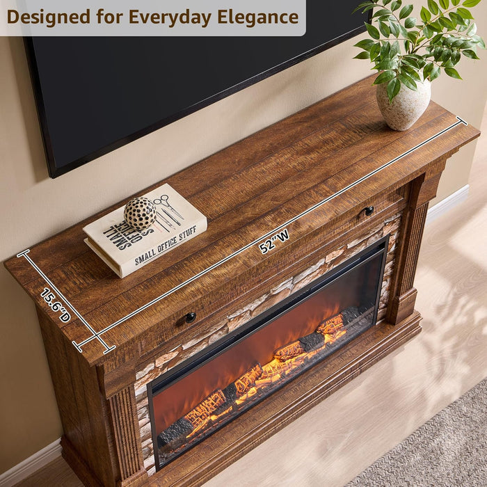 52" Farmhouse Electric Fireplace TV Stand with Mantel & Cabinet, 36" Freestanding Electric Fireplace Heater with Remote Control, Adjustable 3D Flame Effect, Brown