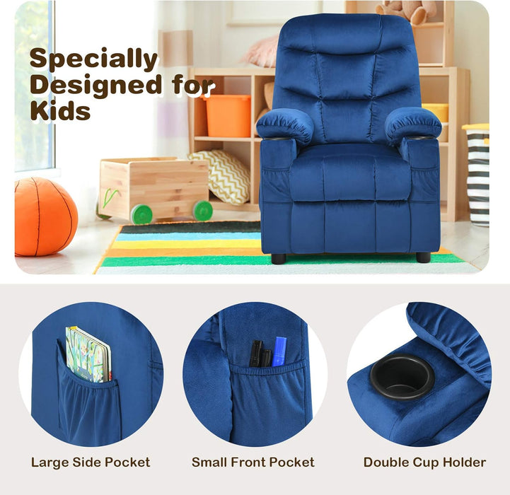 Kids Recliner Chair with Cup Holder, Adjustable Velvet Lounge Chair W/Footrest & Side Pockets for Children Boys Girls Room, Ergonomic Toddler Furniture Sofa Gifts, Kids Recliner (Blue)