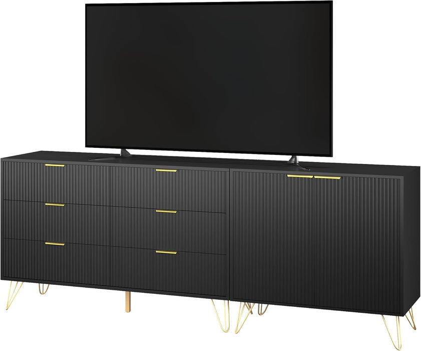 78” Fluted TV Stand for Tvs up to 80 Inch, Entertainment Center with Storage and Adjustable Shelves, Modern Media Console with Golden Handles for Living Room, Black