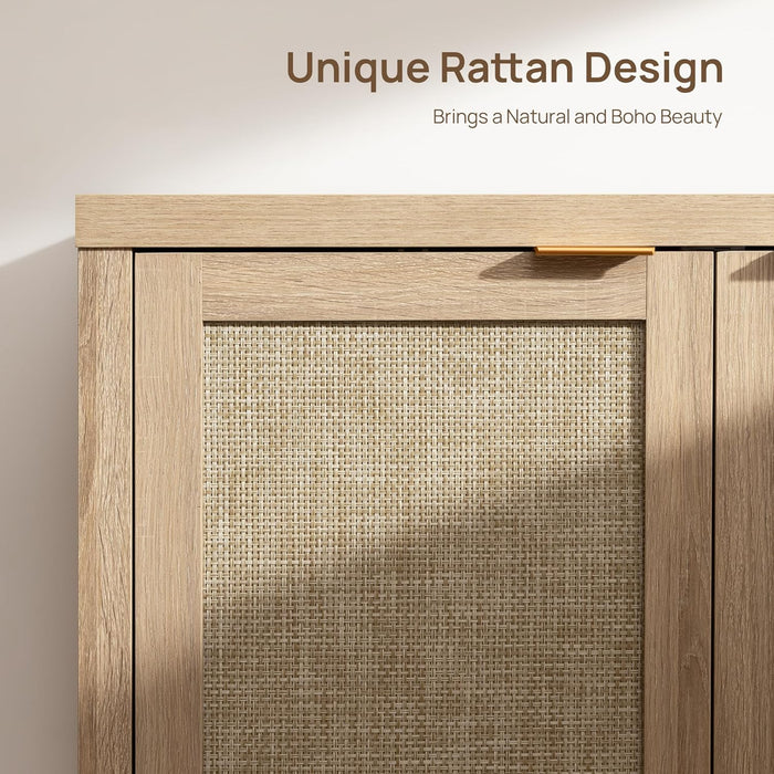 Sideboard Buffet Rattan Cabinet - Boho Larger Credenza Kitchen Storage Cabinet with Rattan Storage - Accent Buffet Console Table for Dining Room Hallway - 2 Pieces (Natural)