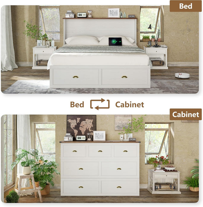 Queen Size Murphy Bed, Farmhouse Wooden Cabinet with Charging Station and Storage Drawer for Bedroom/Office/Guest Room, White+Barnwood
