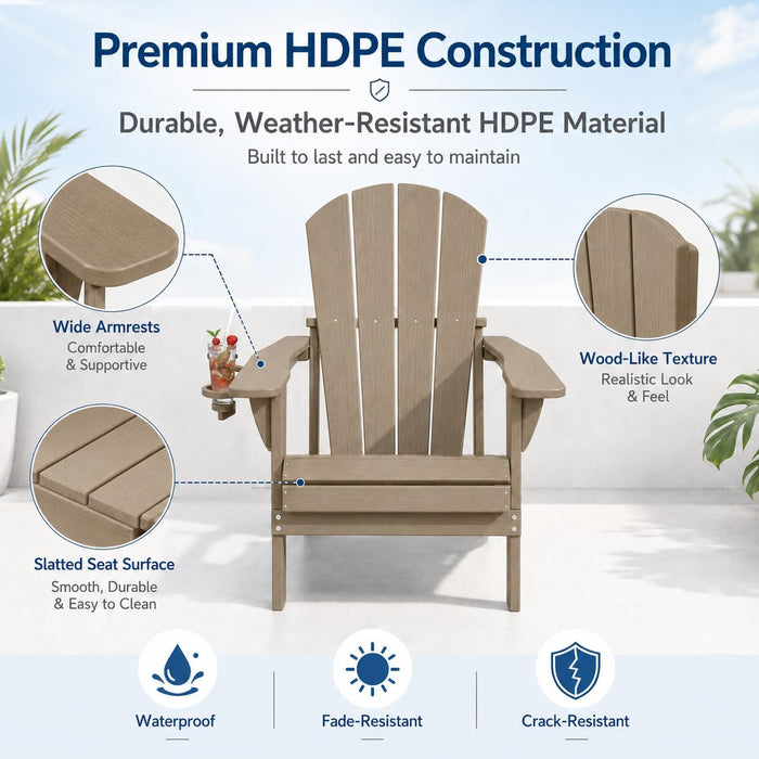 Folding Adirondack Chairs Set of 6 with Cup Holders, Heavy Duty HDPE Plastic Outdoor Chairs, Weather Resistant Heavyweight Patio Furniture Set for Deck, Fire Pit, Backyard, Brown