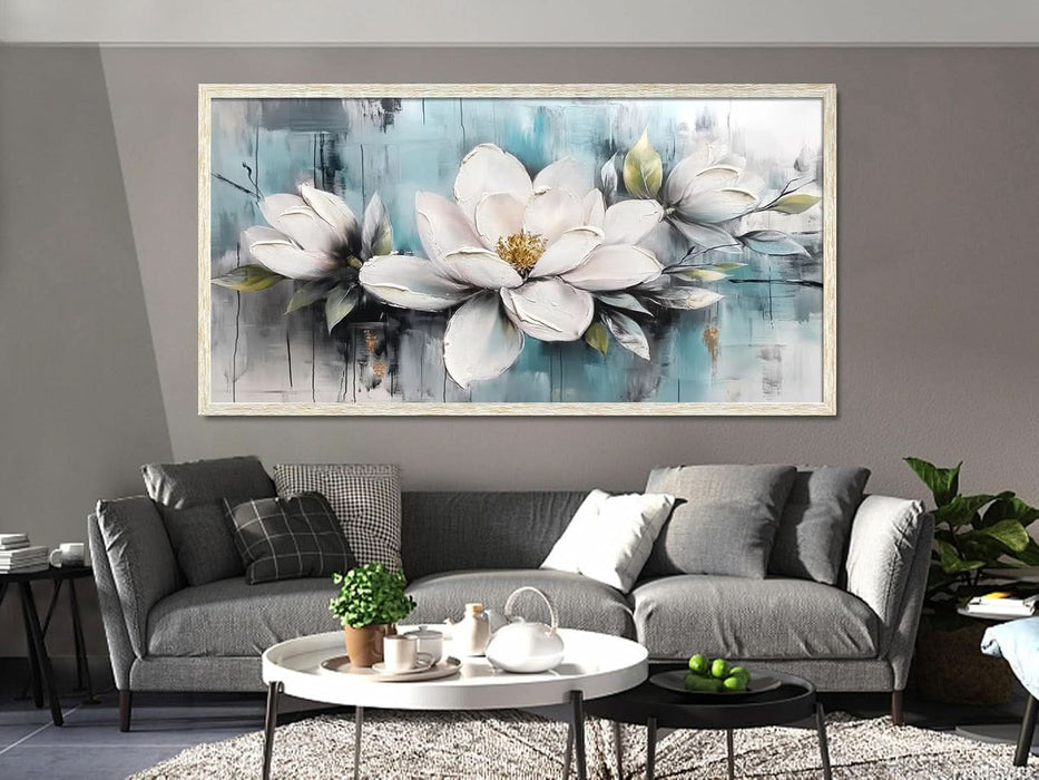 Magnolia Wall Art Framed Canvas Wall Decor Living Room, White Floral Picture Wall Decor Teal Painting Flower Textured Large Artwork for Bedroom Dining Room Home Office 48"X24"