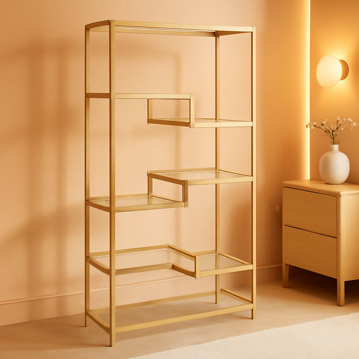 Henn&Hart 68" Tall Rectangular Bookcase in Brass, for Home Office, Living Room | Open Glass Shelving Displays Books, Plants, and Décor in Living Rooms, Offices, or Entryways While Keeping Spaces Bright