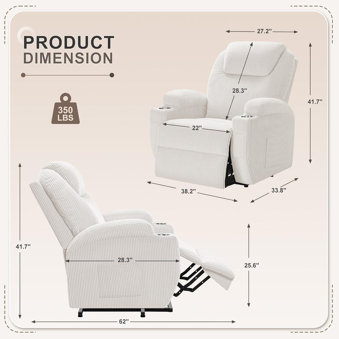 Power Lift Recliner Chair with Massage for Elderly Ergonomic Lounge Chair Classic Single Sofa with 2 Cup Holders Side Pockets Home Theater Seat (Corduroy, Beige)