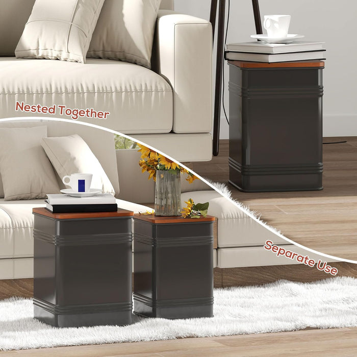 Ottoman with Storage Set of 2, Industrial Accent Side Table with Removable Wood Lid, Metal Frame and Hidden Space, Nesting Ottoman Stool for Living Room, Black