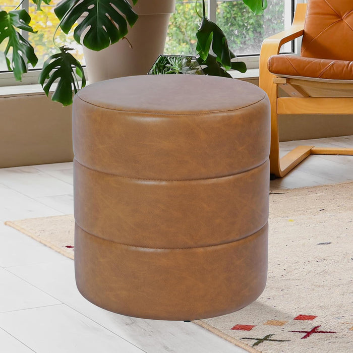 Upholstered Faux Leather round Ottoman (No Lid, Seat Only) |  Home Décor | Foot Rest Pouf – Camel Brown