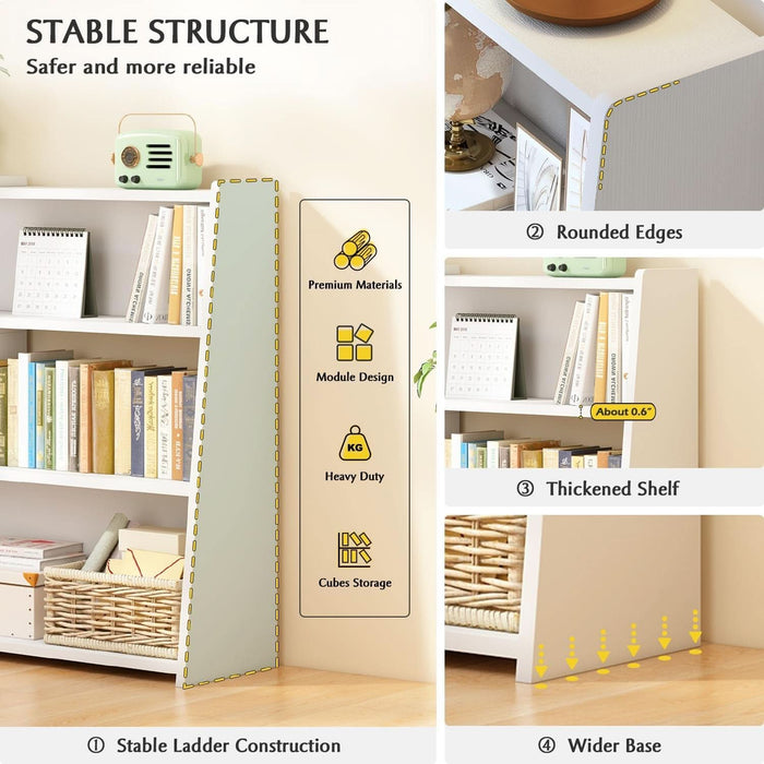 Wooden Extendable Shelf Bookcase - 3-Tier Ladder Low Short Bookshelf for Small Space or Corner, Dark Walnut, S