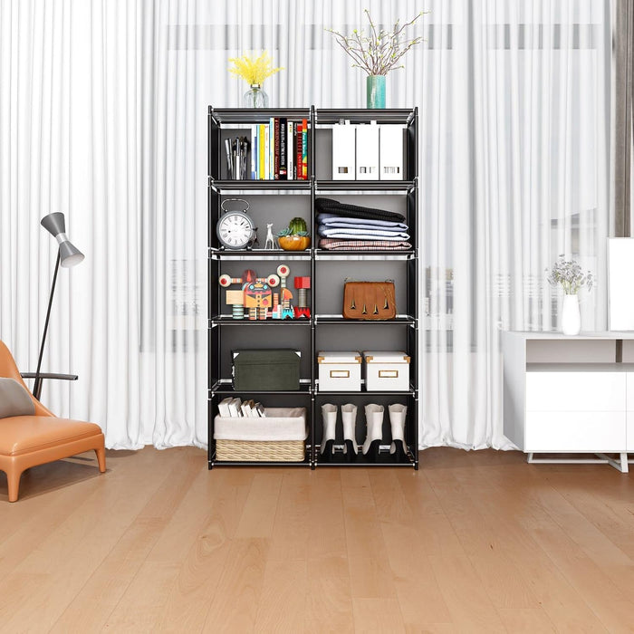 6-Tiers Portable Bookshelf with Fabric Cloth at Back, 10 Cube Closet Storage Organizer Bookcase, Living Room,Study Room,Bedroom, Black