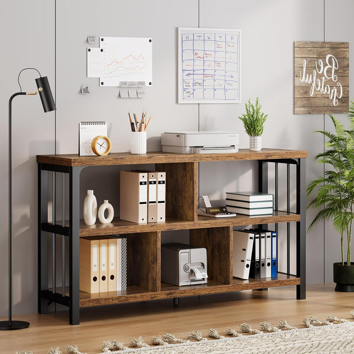 Low Book Shelf, Industrial Horizontal Bookcase, Rustic Brown, 47 Inch | Farmhouse 3 Tier Open Bookshelf, Long Wide 5 Cube Storage Organizer, Wood Metal Cubby Bookcase for Bedroom Living Office