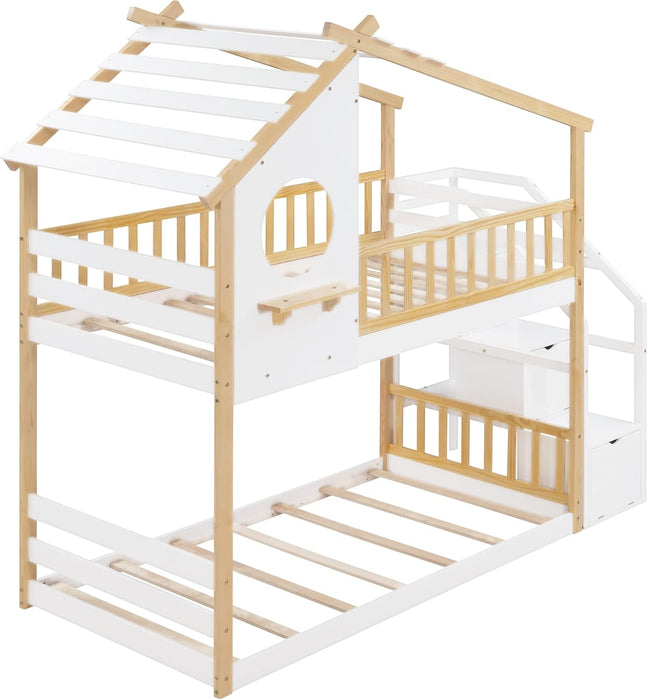 Twin over Twin House Bunk Bed with Storage Stairs, Wood Playhouse Bunk Bed Frame with Stairway and Guardrail for Kids Girls Boys, Natural+White