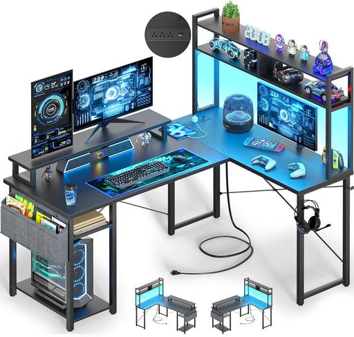 Small L Shaped Desk Gaming Desk with Power Outlets, 48" Reversible L Shaped Computer Desk with Monitor Stand & Storage Shelf, Corner Gamer Desk Home Office Desk with Storage Bag, Black