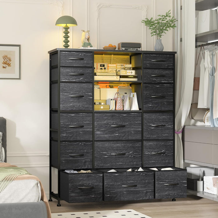 51" H Dresser with 15 Drawers Dresser for Bedroom with Charging Station & LED Lights & Hutch Sturdy Black Bedroom Dressers, Steel Frame, Wood Top, 51.2" H X 39.3" W X 11.8" D
