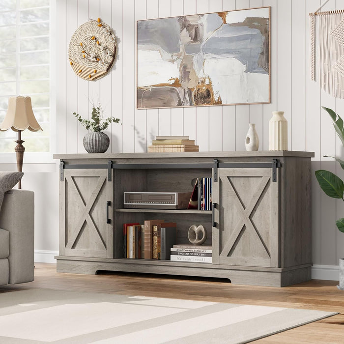 Farmhouse Tv Stand for 65 Inches Tvs, Entertainment Center with Storage and Sliding Barn Doors, Adjustable Shelf Modern Media TV Console TV Stand Table for Living Room, Bedroom, Grey