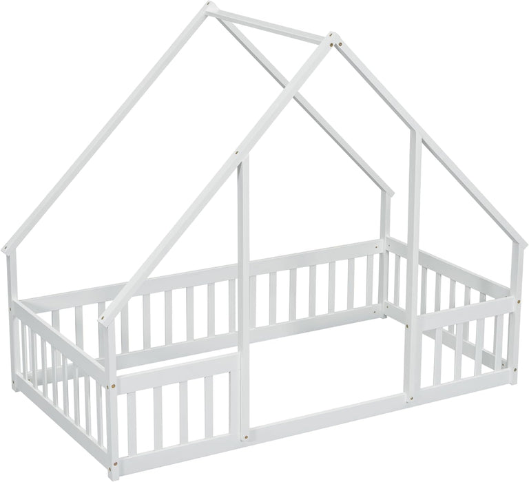 Twin White Montessori House Floor Bed IntegratedFence