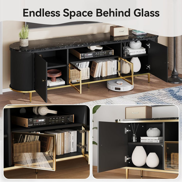 Luxury 70" Fluted TV Stand, Modern Entertainment Center for Tvs up to 80”, TV Console with Faux Marble Tabletop, Curved Profile Design, Media Console for Living Room, Black