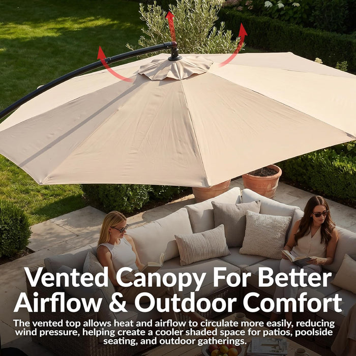 Sunnydaze 10Ft Cantilever Offset Patio Umbrella with Base Included for Porch, Deck, Pool, or Backyard - Polyester Sandbag Weight, Push-Button Tilt and Crank, Powder-Coated Steel Pole - Beige