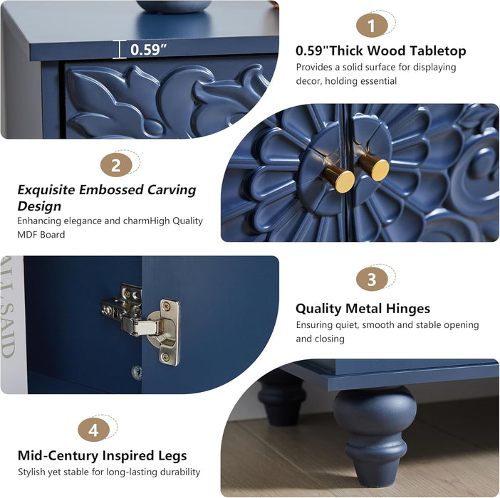 Accent Cabinet with 2 Doors, Luxury Carving Board Storage Sideboard with Adjustable Shelves, Buffet Cabinet Entryway Table for Living Room (Midnight Blue)