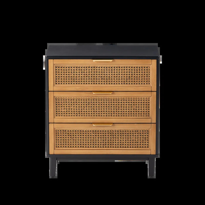 Aril 3-Drawer Woven Cane Front Accent Chest, Mid Century Modern 3 Drawers Nightstand