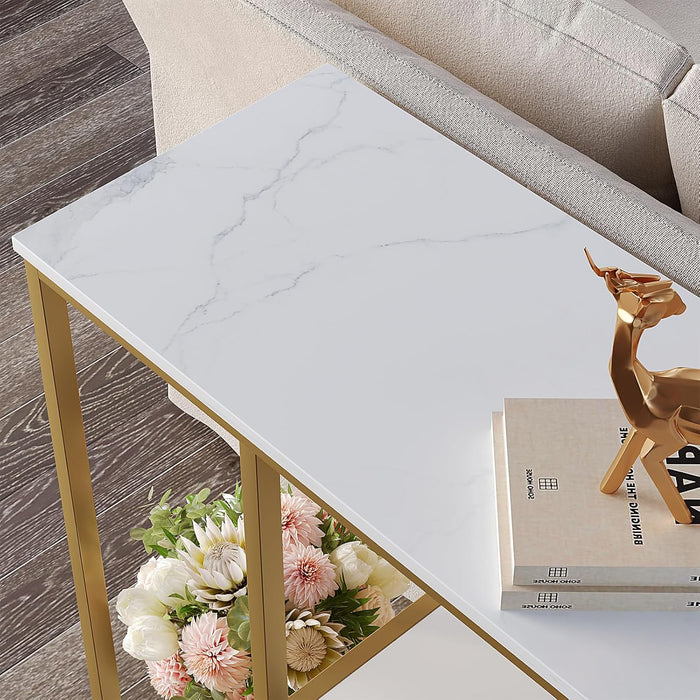 31.5" Narrow Console Table with 3-Tier Storage, Industrial Sofa Table for Entryway, Living Room & Hallway - Gold Marble Faux Top, Sturdy Metal Frame