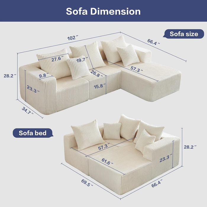 102Inch Beige CloudLounge Sectional Sofa Oversized Seat