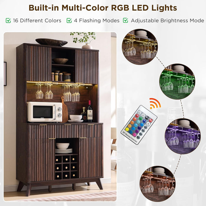 72 Inch WalnutFinish Wine Cabinet Illuminating Display