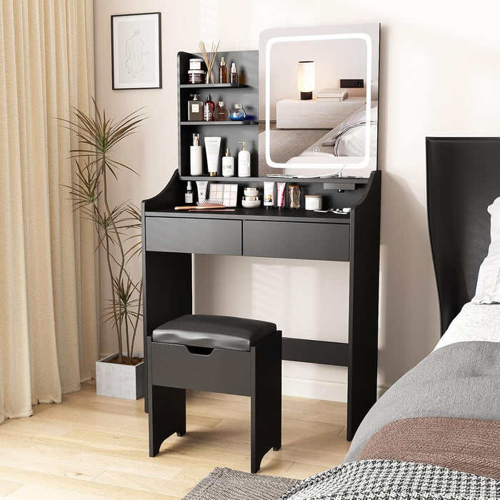 Vanity Desk with LED Light Mirror and Charging Station, Small Cute Vanity Set with 4 Storage Shelves 2 Drawers, Vanity for Girls Women with Storage Stool, Vanity Table for Bedroom (Black)