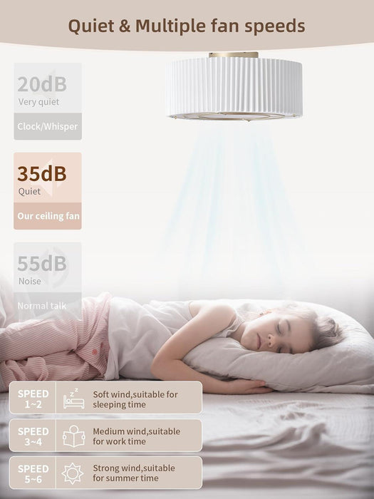 20" Low Profile Ceiling Fans with Lights, Flush Mount Boho Ceiling Fan with Light Remote Control, Bladeless Caged 6 Speeds for Bedroom, Nursery, Living Room