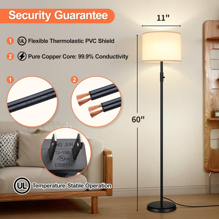 Black Dimmable Tall Floor Lamp 1000Lumens LinenShade