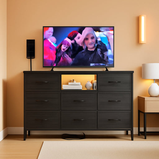 Black Dresser for Bedroom with LED Lights & Charging Station,  for Bedroom with 8 Drawer for 55 Inch TV, Fabric Dressers & Chests of Drawers with Open Shelves for Hallway Entryway