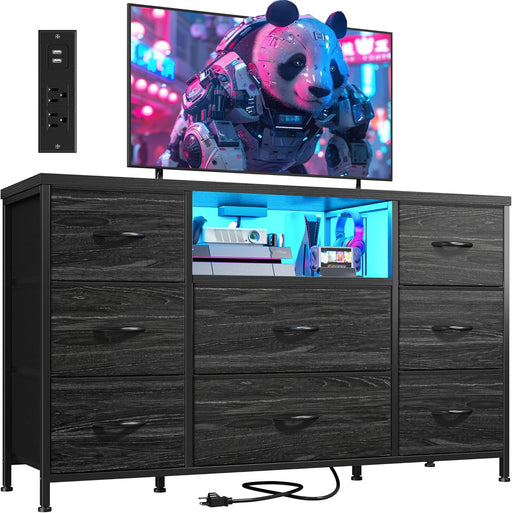 Black Dresser for Bedroom with LED Lights & Charging Station,  for Bedroom with 8 Drawer for 55 Inch TV, Fabric Dressers & Chests of Drawers with Open Shelves for Hallway Entryway