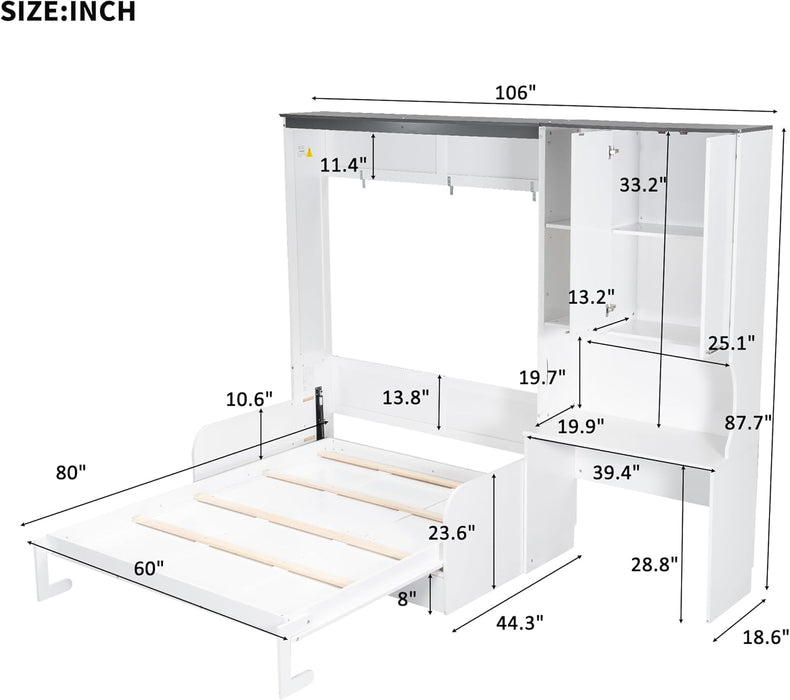 Queen Murphy Bed With Sofa Desk Storage WhiteGlossFinish